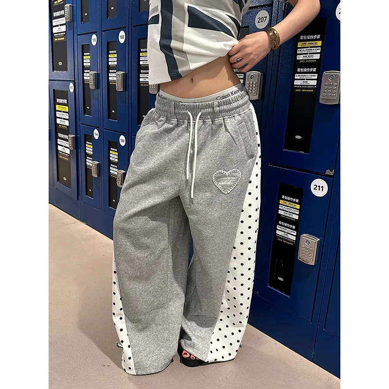 YIBASHU Women Gray Baggy Wide Leg Sweatpants Oversize Dot Splice Pants Harajuku Japanese 2000s Style Vintage Y2k Dance Trouser