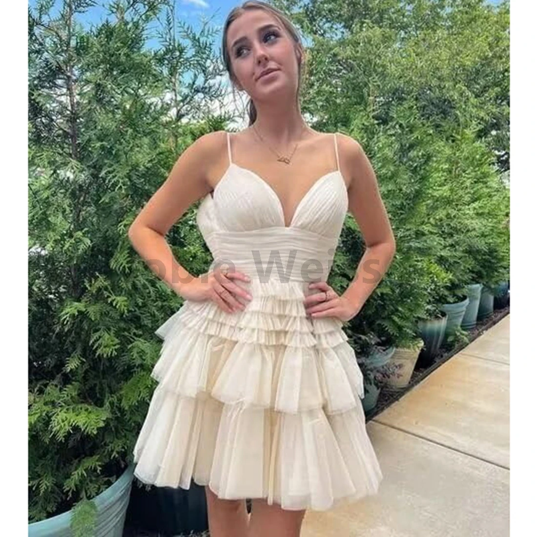 V-Neck Pleated Tulle A-Line Prom Dresses Short Party Gowns Customize