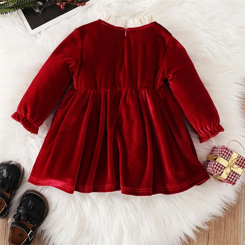 Christmas Princess Party Dress for Girl Patchwork Ruffled Neck Long Sleeve Bowknot Front A-Line Tutu Dress