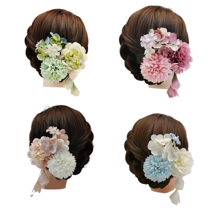 MXMB Chinese Han Costume Hydrangea Hairpin Women Dangling Fringed Flower Hair Hair Comb Hair Styling Tool for Party