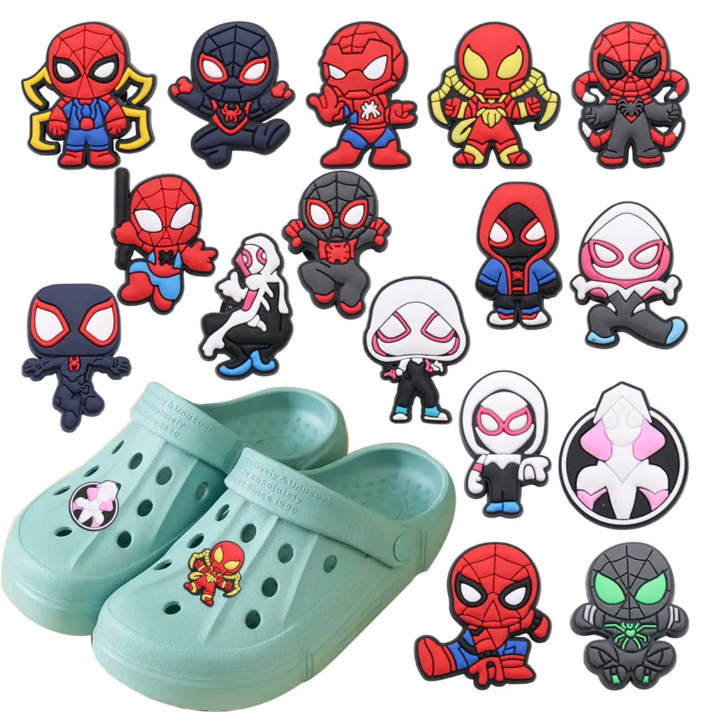 Good Quality 1-16pcs PVC Shoe Charms Spider-Man Miles Spider Gwen Accessories Shoes Ornaments For Wristbands Kids Gift