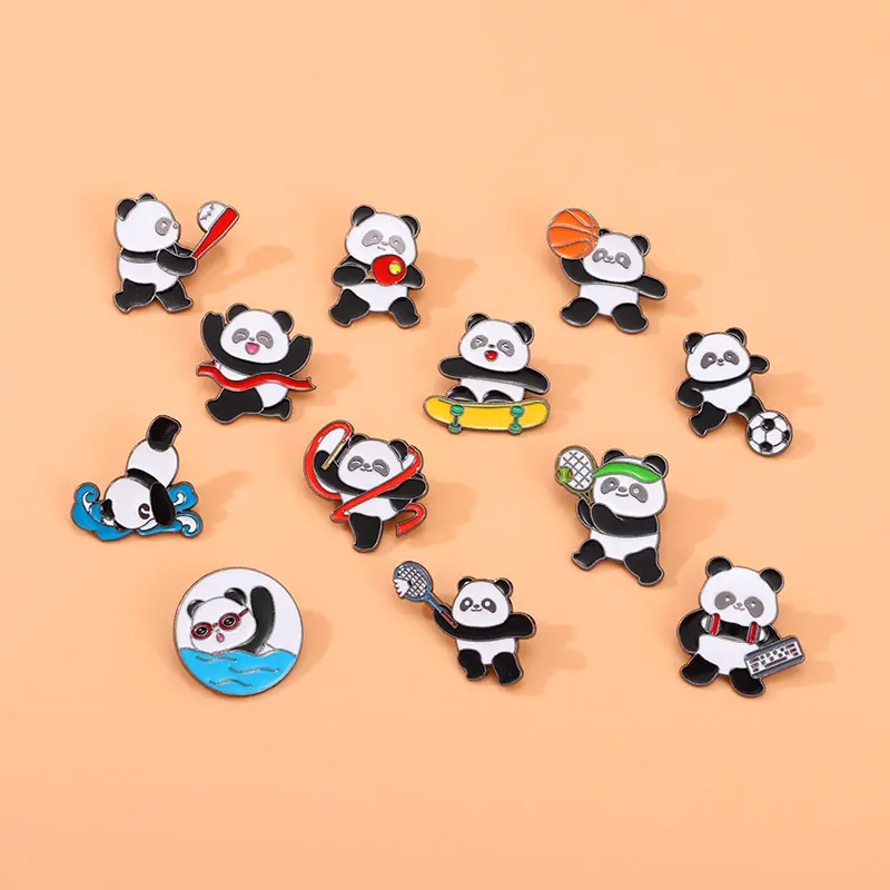 Cute Sports Panda Collection Enamel Brooches Playing Basketball Football Tennis Swimming Diving Weightlifting Pins