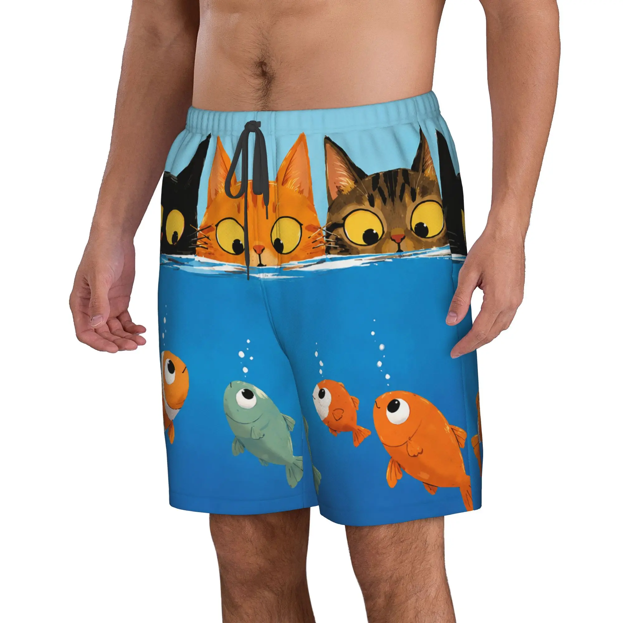 Black Cat Peeking Into Water Staring at Swimming Small Fish Trunks Beach Board Shorts Casual Quick Dry Swim Summer Men Pants