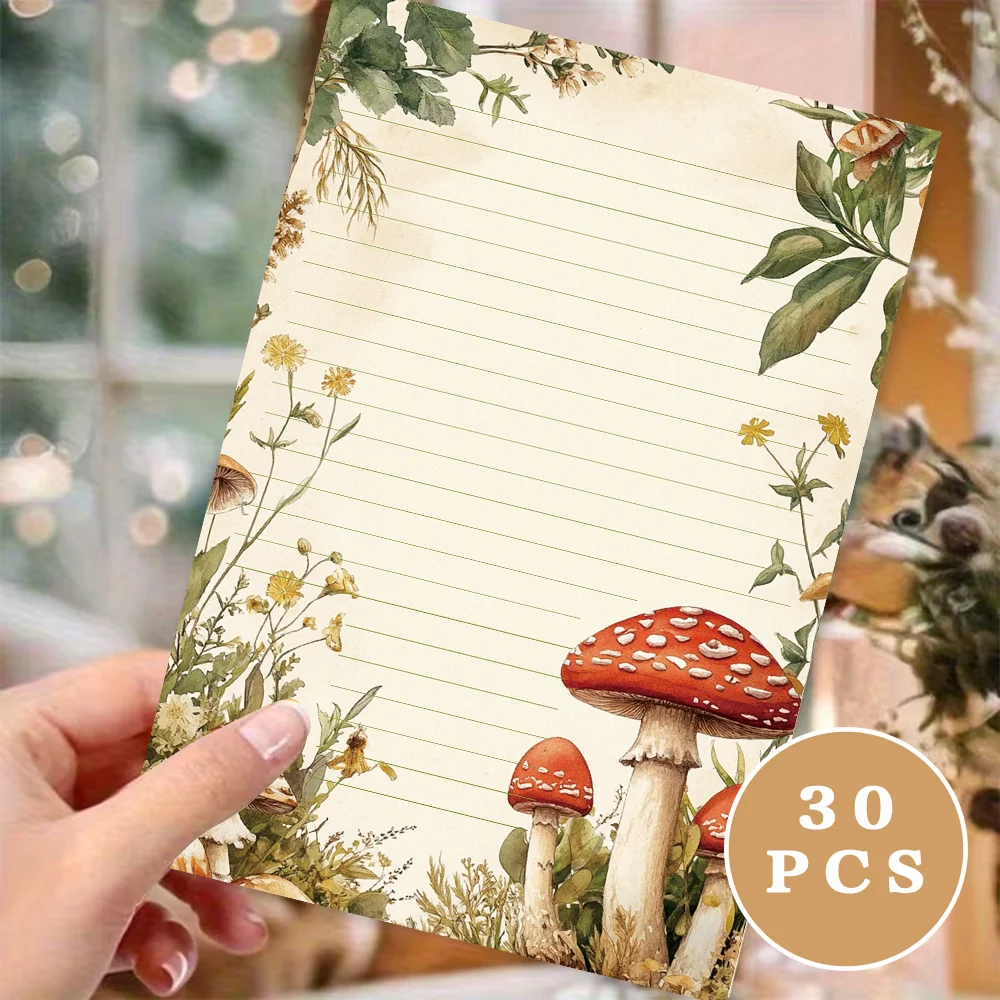 30 Sheets, B5 Vintage Plant And Mushroom Writing Paper, Lined, No Glue, Perfect For Notebooks, Memos, And Stickers