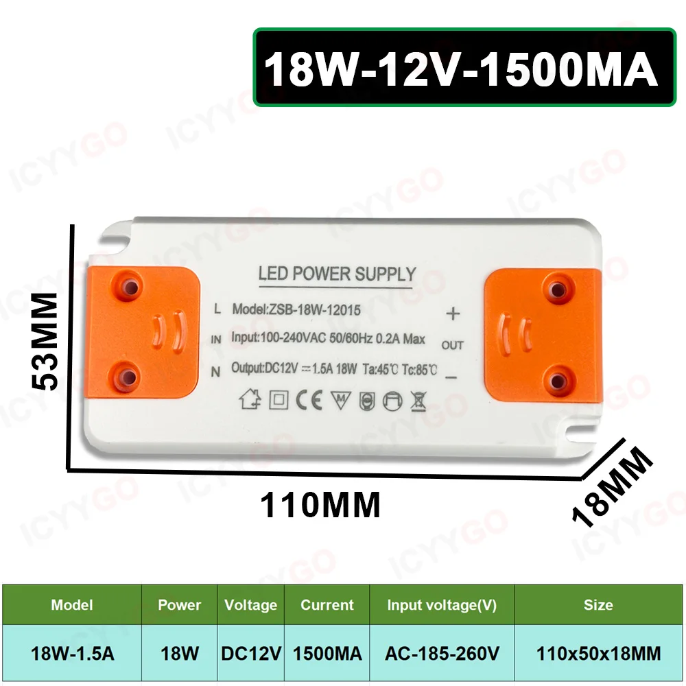 LED-voeding DC12V 12W 18W 24W 36W 60W 120W Verlichtingstransformator LED-voeding 1A 1,5A 2A 5A 10A voor LED-lichtstrip