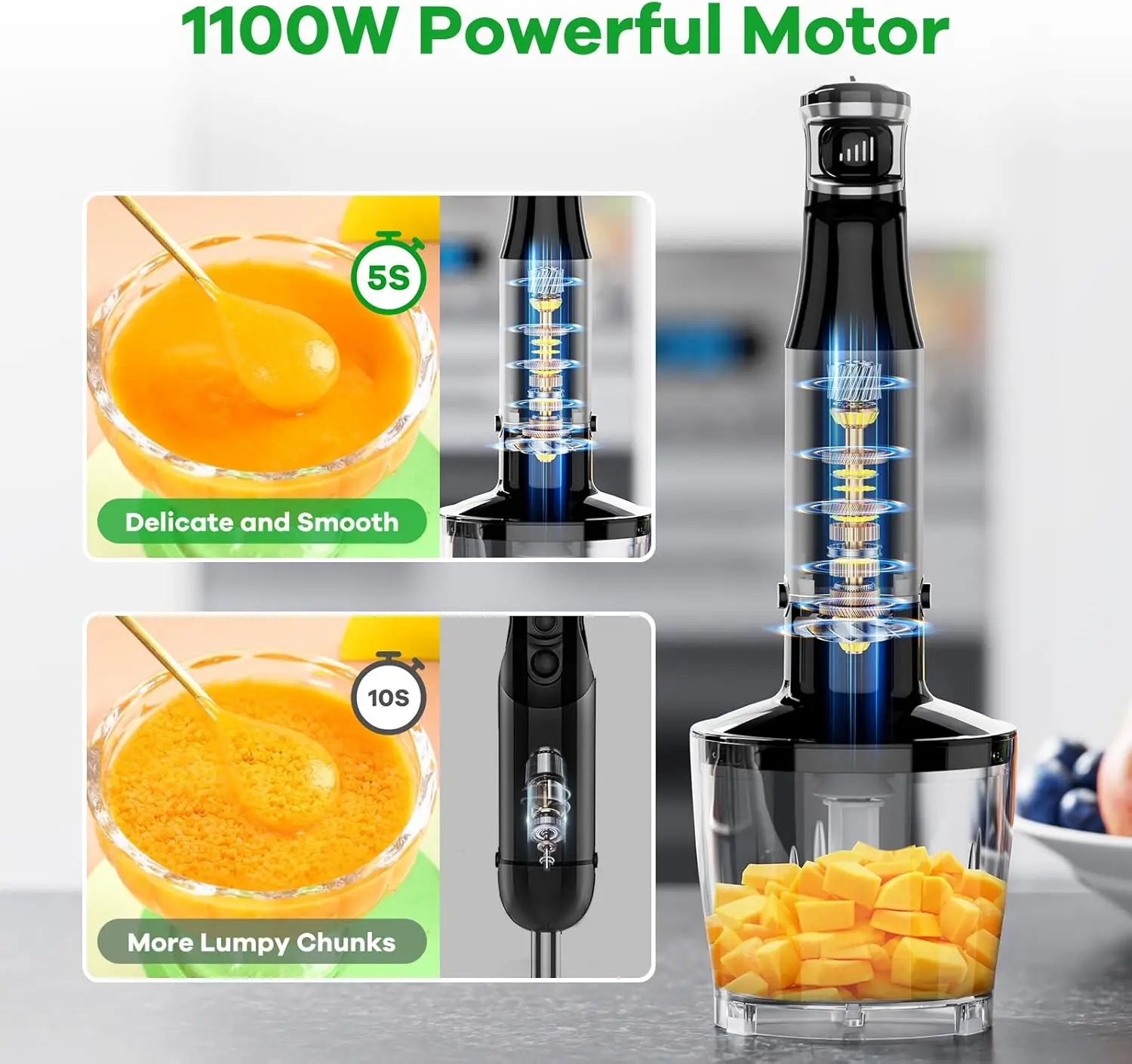 Immersion Blender Hand Blender 1100W, Trigger Variable Speed 5 in 1 Stick Blender, Emulsion Blender w/ Chopper, Whisk & Frother