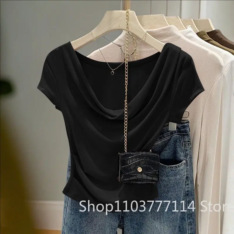 Neues Sommer-Damen-Design: Lässiges, einfarbiges Top mit schmaler Passform, unregelmäßigem Schnitt, vielseitigem Kurzarm-T-Shirt im koreanischen Nischen-Stil – Detail 3