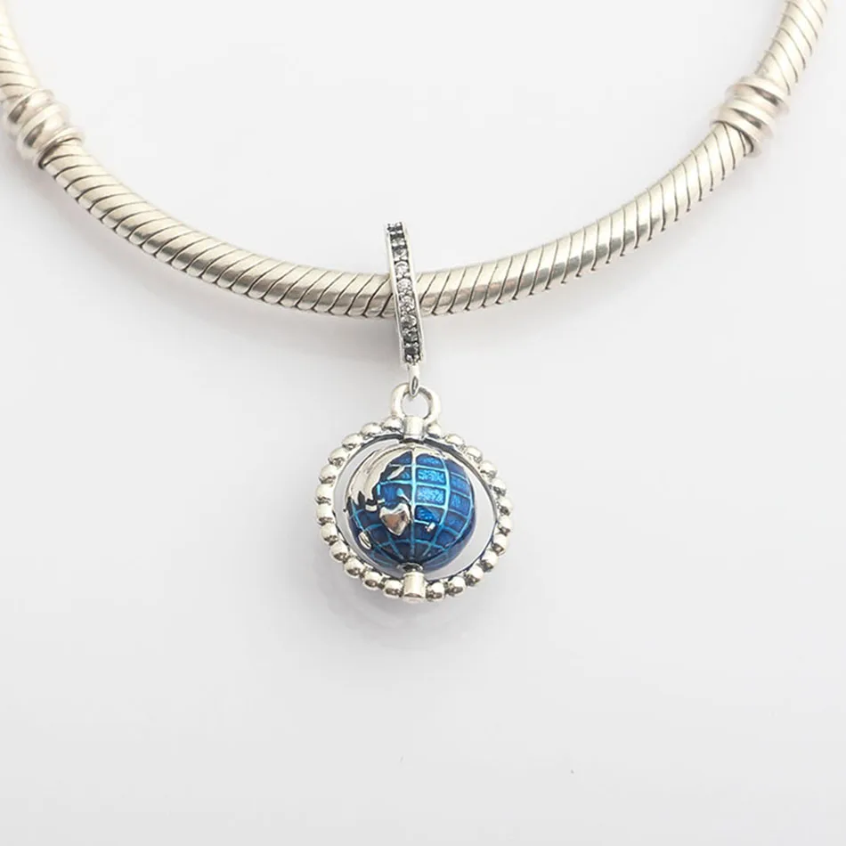 Authentic S925 Sterling Silver Enamel Spinning Globe With Crystal Dangle Charm Bead Fit Women Bracelet Bangle Jewelry