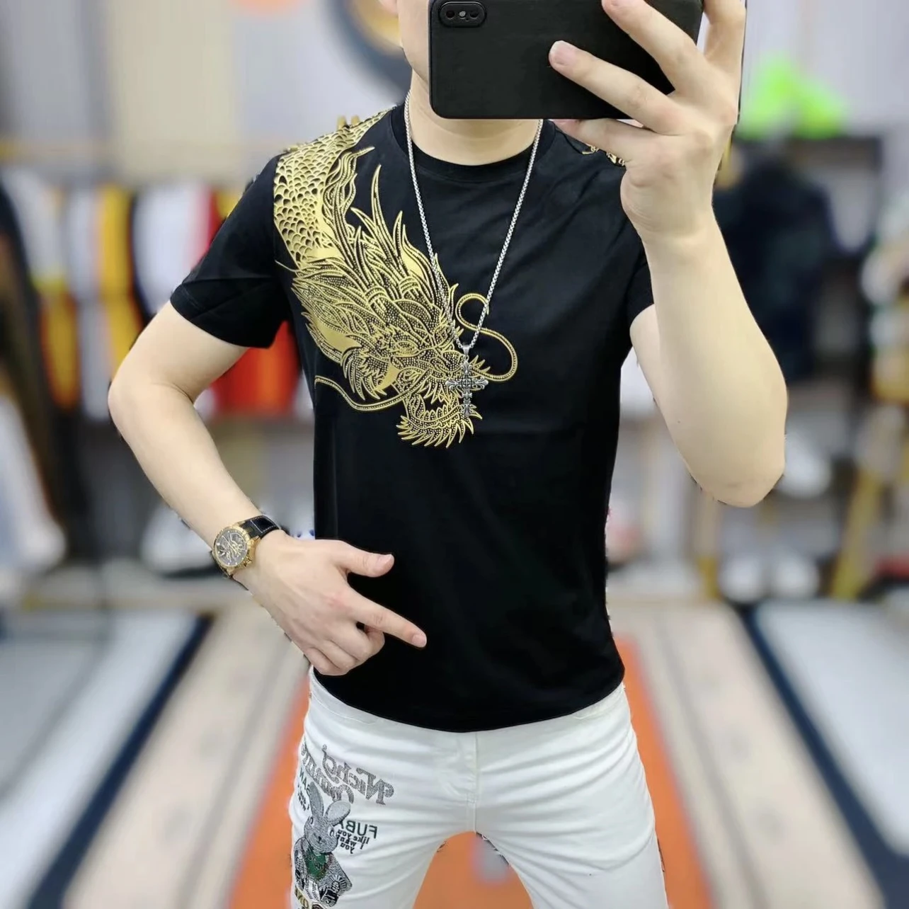 Chinese Style Dragon Printed Rhinestones T-shirts Men Short Sleeve Slim Fit T-shirts Round Neck Social Streetwear Tee Tops M-4XL