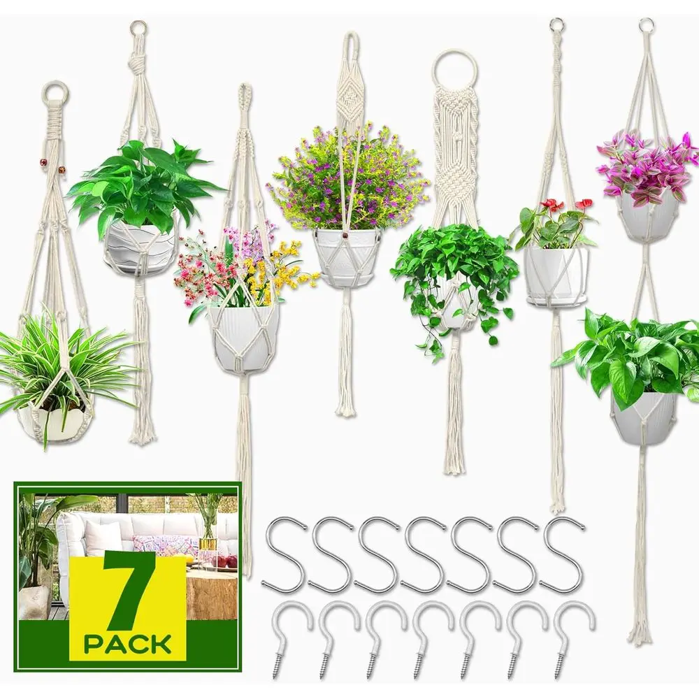 7 Pack Plant Hangers for Indoor Plants, Boho Home Decor | Handmade cotton rope plant hangers with 5 ceiling hooks and 5 S hooks