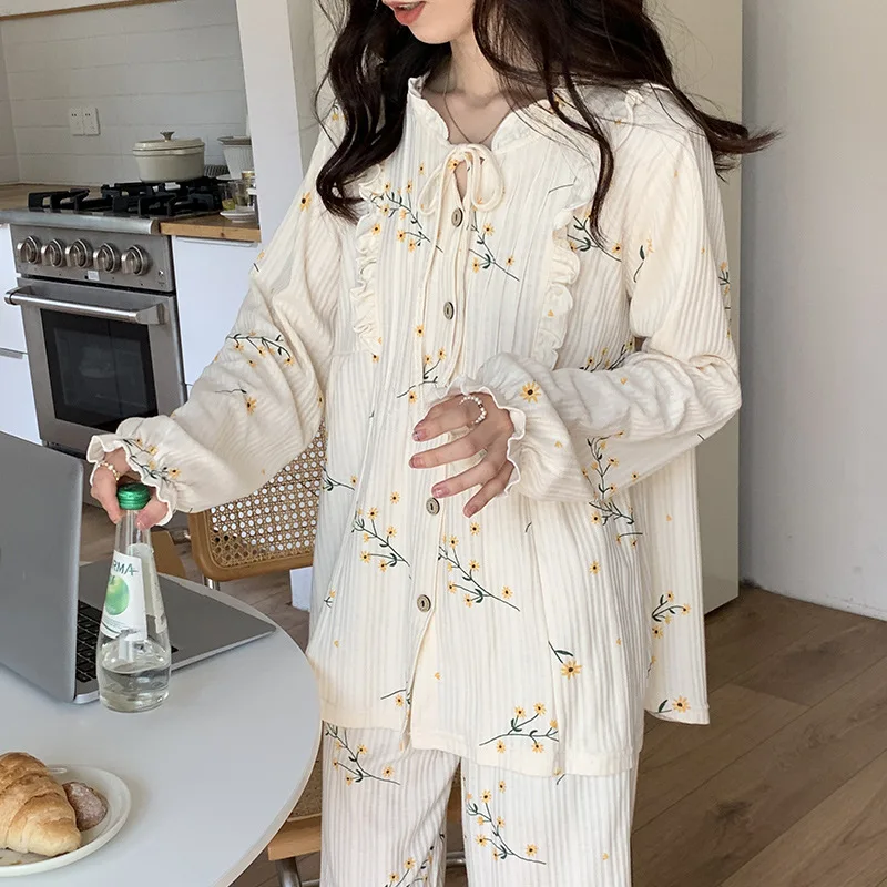 Autumn Knitted Cotton Leisure Lounge Wear Pajamas Woman Fashion Sleepewear Suit Long Sleeve Print Female Loungewear New Models