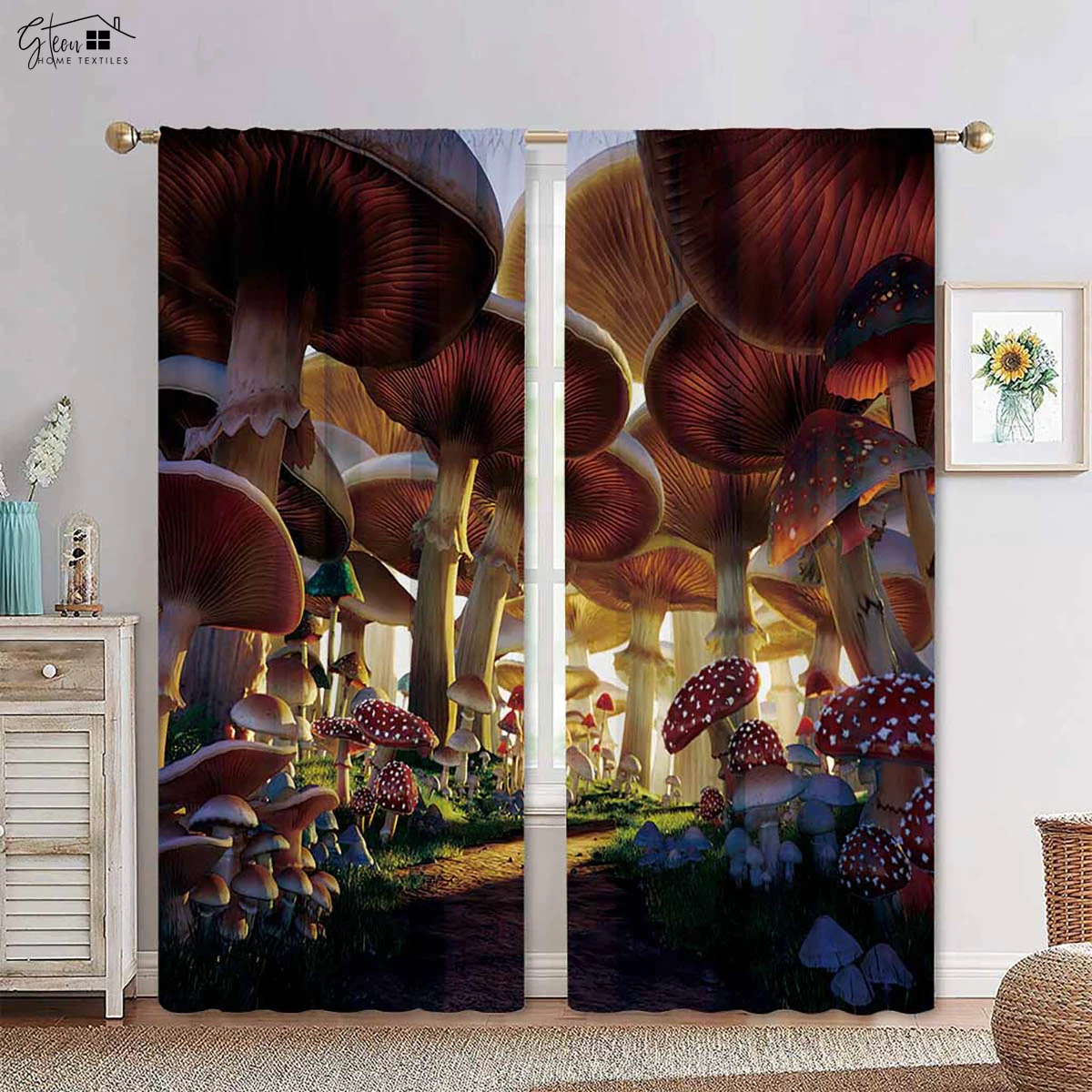 

Mushroom Cute Cartoon Pattern 3D Printing Curtains Cute Boys Girls Bedroom Children's Room Polyester Fiber Decorative Curtains