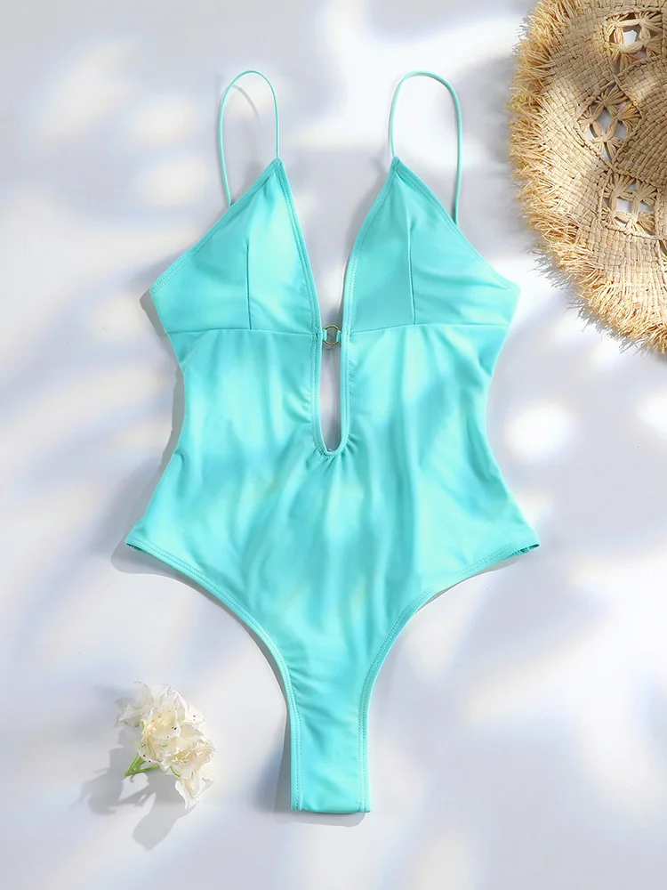 High Cut Swimsuit Women Deep V Swimwear Sexy Blue One Piece Suits Beachwear New Bathing Suit Bandage Bodysuit