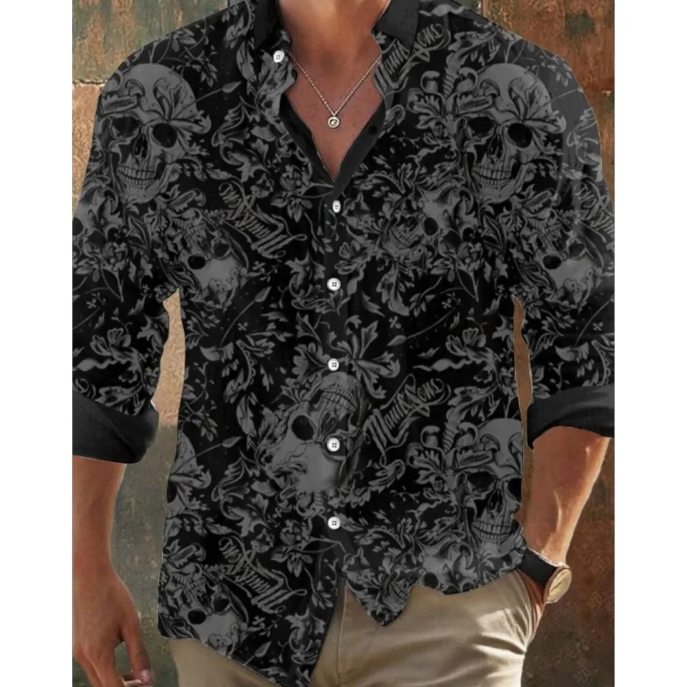 قمصان رجالية جديدة كلاسيكية داكنة ثلاثية الأبعاد مطبوعة بأكمام طويلة-طبعات جمجمة سوداء بقصة عادية، ياقة طية صدر السترة، ملابس شارع من مزيج البوليستر