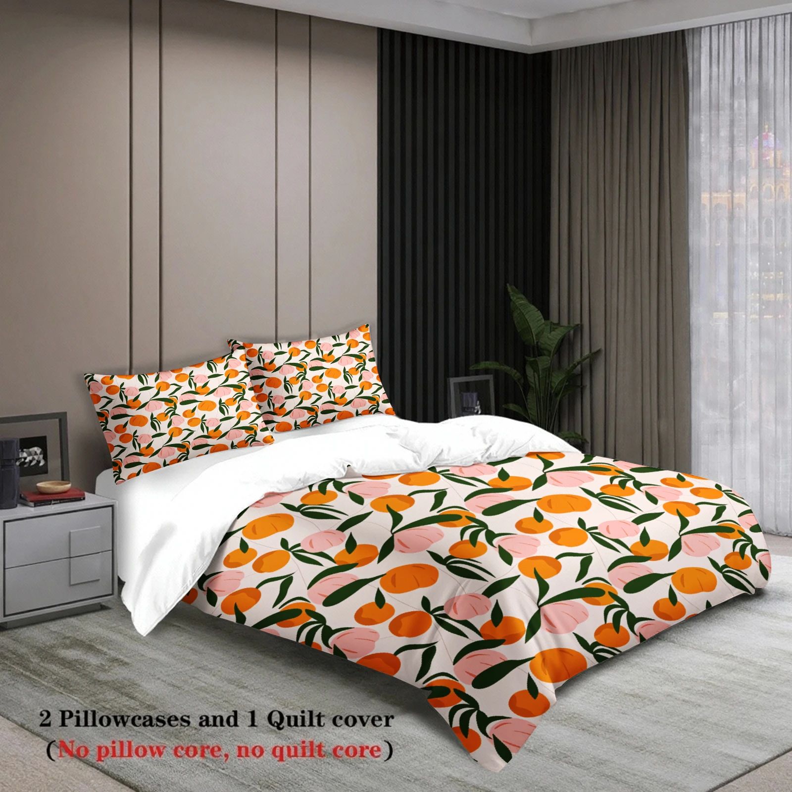 Fruit Pattern Bedding Set White Orange And Pink Peach Print Bedding With Duvet Cover & Pillowcases For Bedroom
