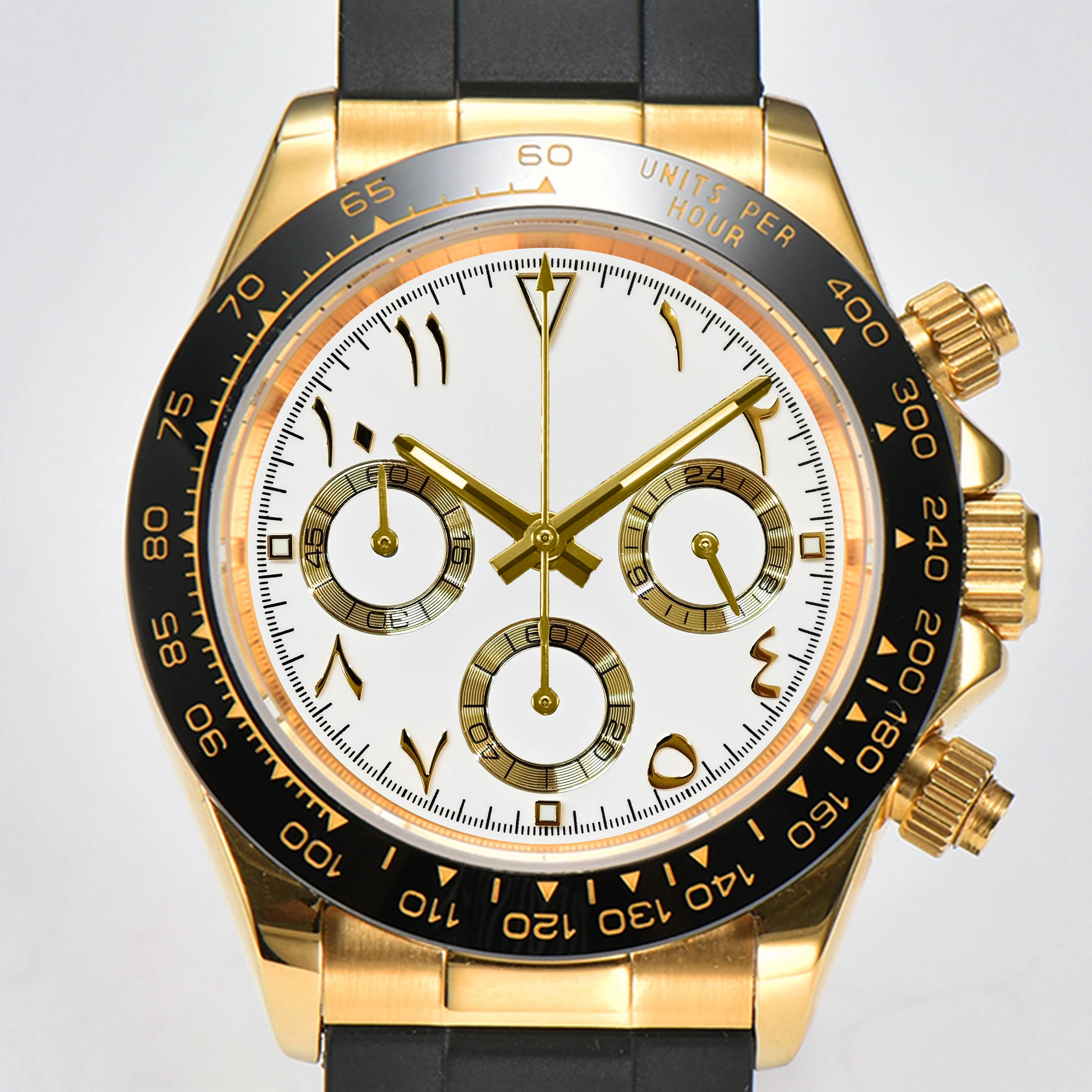 OUMASHI 42 mm goldene Herren-Chronographenuhr mit arabischen Ziffern, VK63, Quarzwerk, C3, leuchtendes, wasserdichtes Saphirglas 5