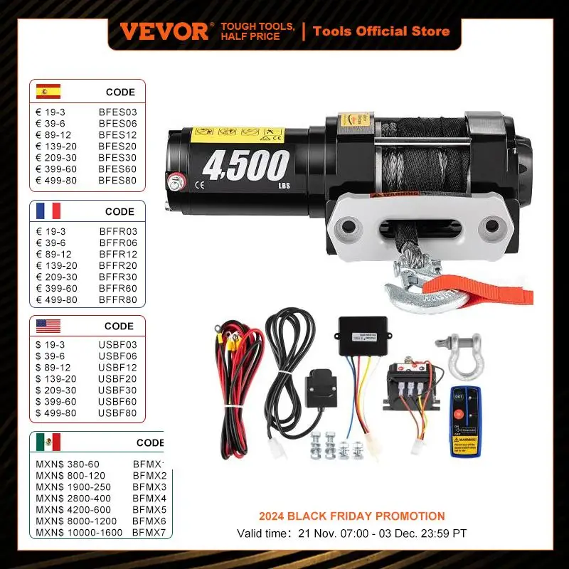 VEVOR Treuil Électrique 12V 4500lbs, Avec Télécommande sans Fil, Corde Synthétique de 13M Plus Dur