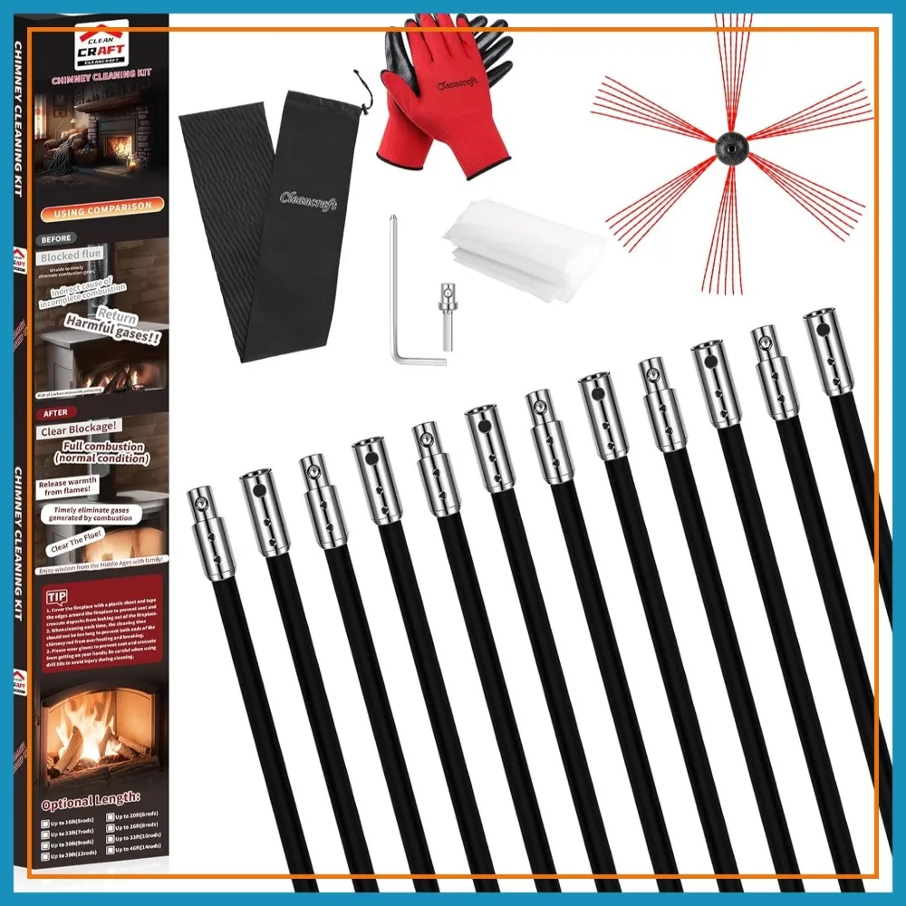 

39ft Chimney Sweep Kit with 12 Flexible Rods, Drill-Driven Rotary Cleaning System for Fireplace