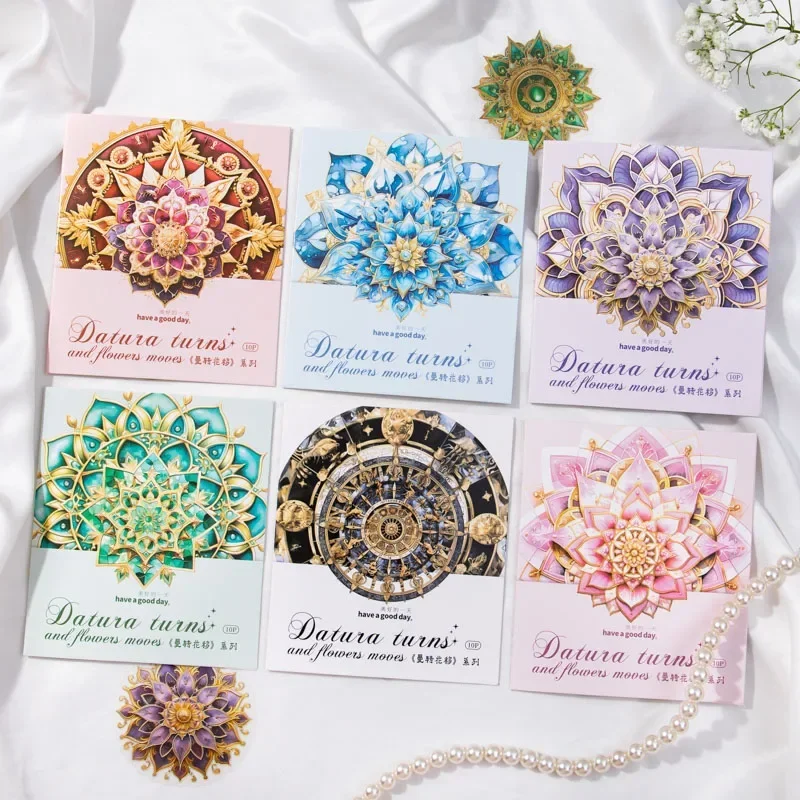 10 Pcs Mandala Flower Theme Stereoscopic Laser Gold PET Stickers for Decorate DIY Handmade Magazines Scrapbook Craft Supplies