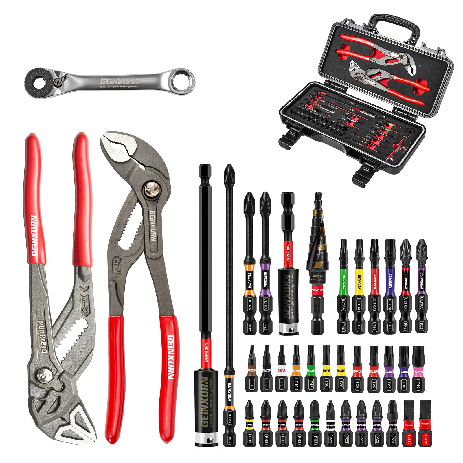 geinxurn-39-pieces-ensemble-d'outils-emballes-avec-une-pince-de-pompe-a-eau-une-embout-de-tournevis-s2-une-mini-cle-a-cliquet-et-une-perceuse-etagee-pour-la-reparation-a-domicile