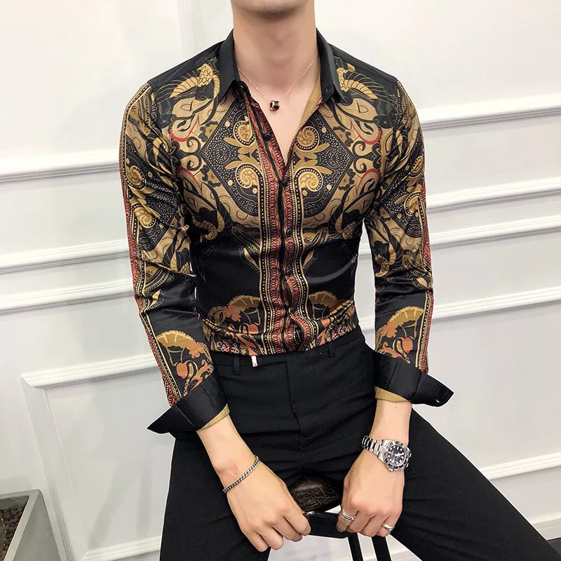 Plus Size 6XL-M 2022 Spring Gold Print Shirts Social Club Clothing Luxury Baroque Shirts Slim Long Sleeves Mens Designer Shirts