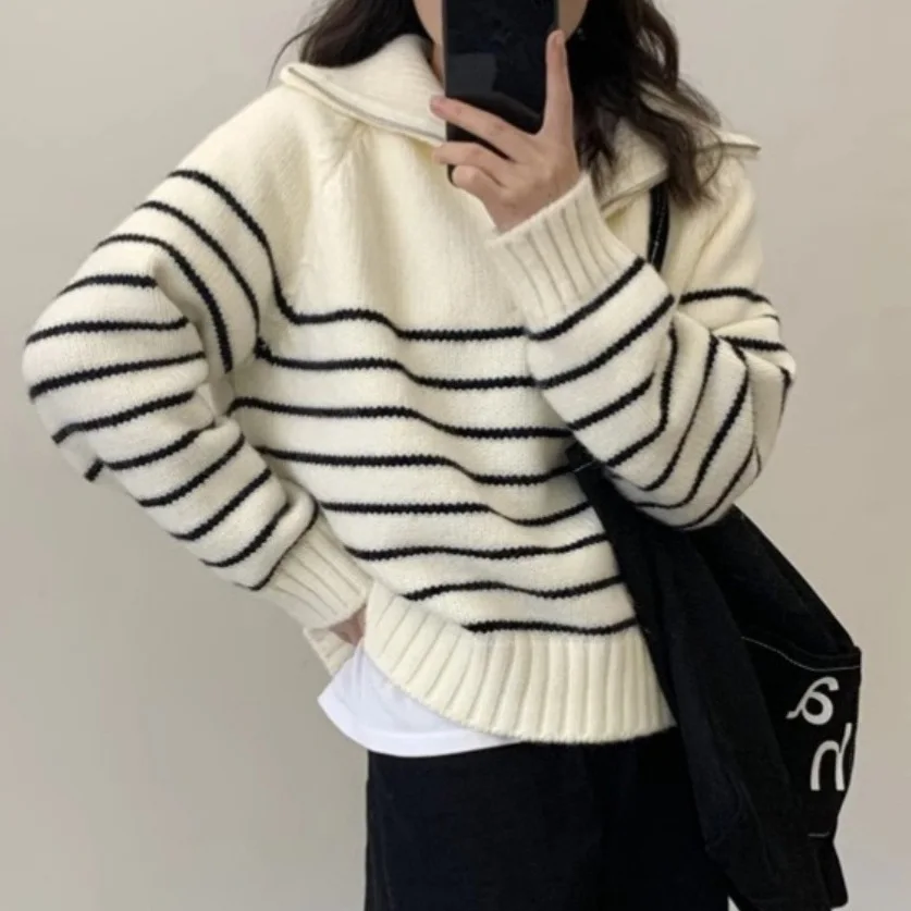 

Minority Stripe Loose Outer Wear Autumn Winter Long Sleeve Top Hoodie Knitted Sweater Trendy