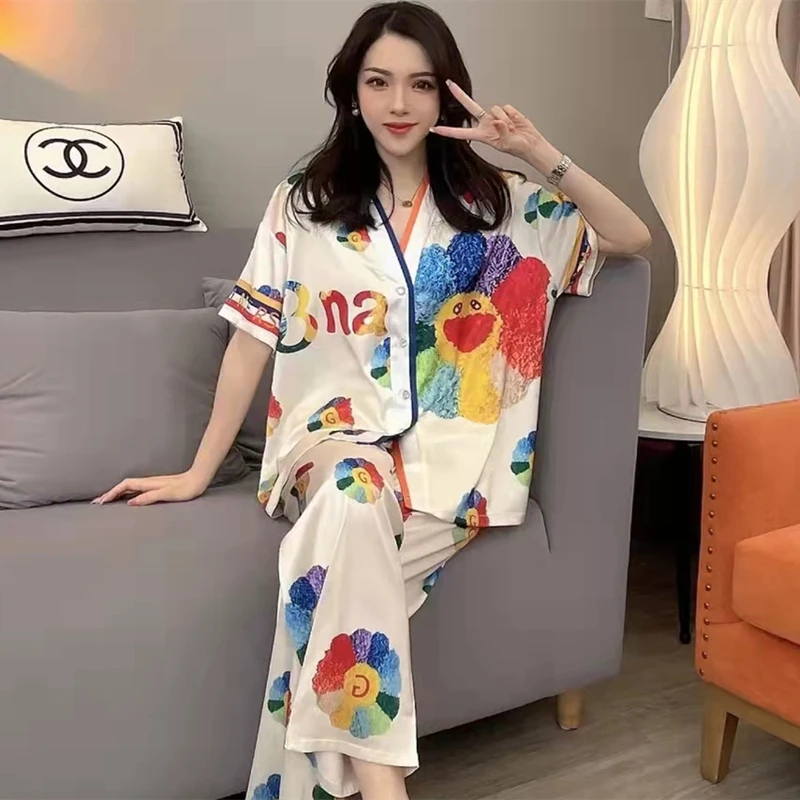 

Women Luxurious Pyjamas Set Short Sleeve Trousers Suit Femme Home Clothes Sweet Casual Snow Silk Ladies Pajama Leisure Sleepwear