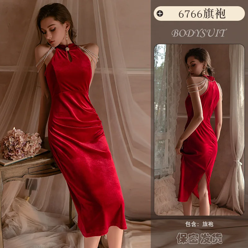 중국어 고전 높은 분할 Cheongsam 빈티지 란제리 섹시한 진주 벨벳 Qipao 유니폼 높은 허리 롱 드레스 슬림 맞는 Hanfu