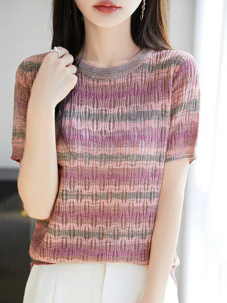 Color Block Striped Hollow Short Sleeve Knitted T Shirt Women's Summer Design Slim Fit round Neck Casual Style High Waist