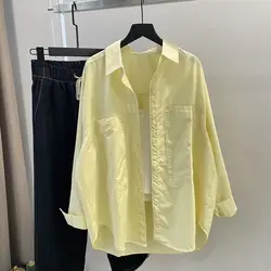 Cotton Yellow Shirt Women's Long Sleeve Loose Casual Pocket Middle Long Lapel White Shirt Spring And Autumn New Style