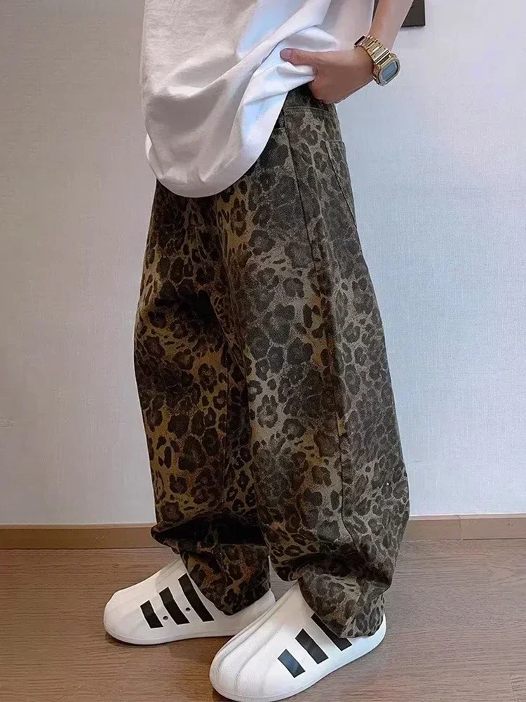 Tan Leopard Jeans Men Denim Pants Male Oversize Wide Leg Trousers Streetwear Hip Hop Vintage Clothes Loose Casual