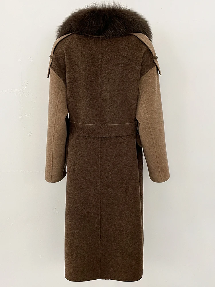 2025 nova moda outono inverno roupas femininas real pele de raposa jaqueta de lã feminino longo retalhos dupla face casaco de caxemira de lã