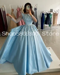 Sky Blue Princess Luxury Muslim Arabic Prom Dresses 3D Floral Crystal Long Sleeve Garment Evening Gown Customsized