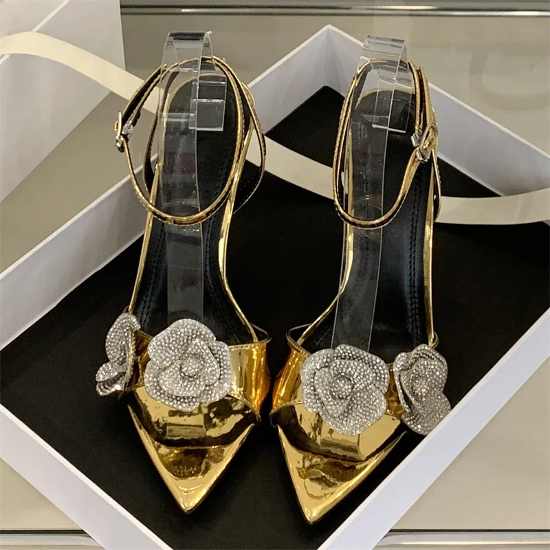 

Eilyken Sexy Crystal Flower Pointed Toe Women Sandals Street Style Summer Buckle Strap Thin High Heels Banquet Party Shoes