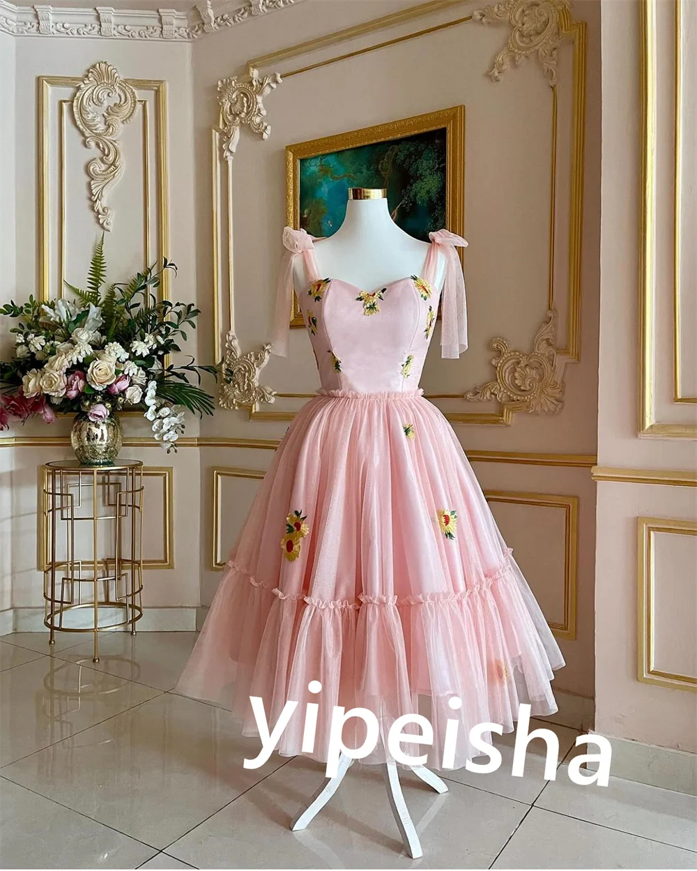 Personalizado tule applique plissado baile de formatura a linha cinta espaguete sob medida ocasião vestido midi vestidos