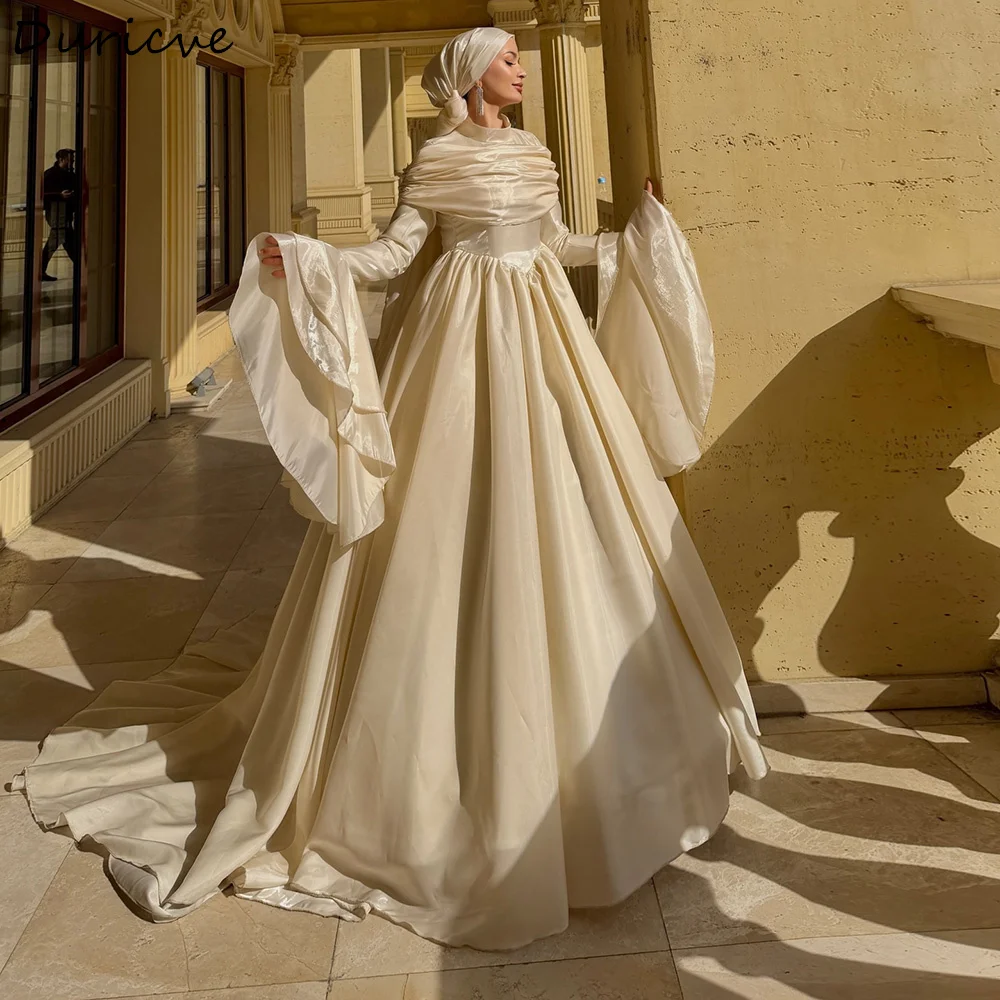 Duricve Customized Champagne Muslim Evening Dresses Long Sleeves High Neck A-Line Modest Formal Prom Gown robe de soirée