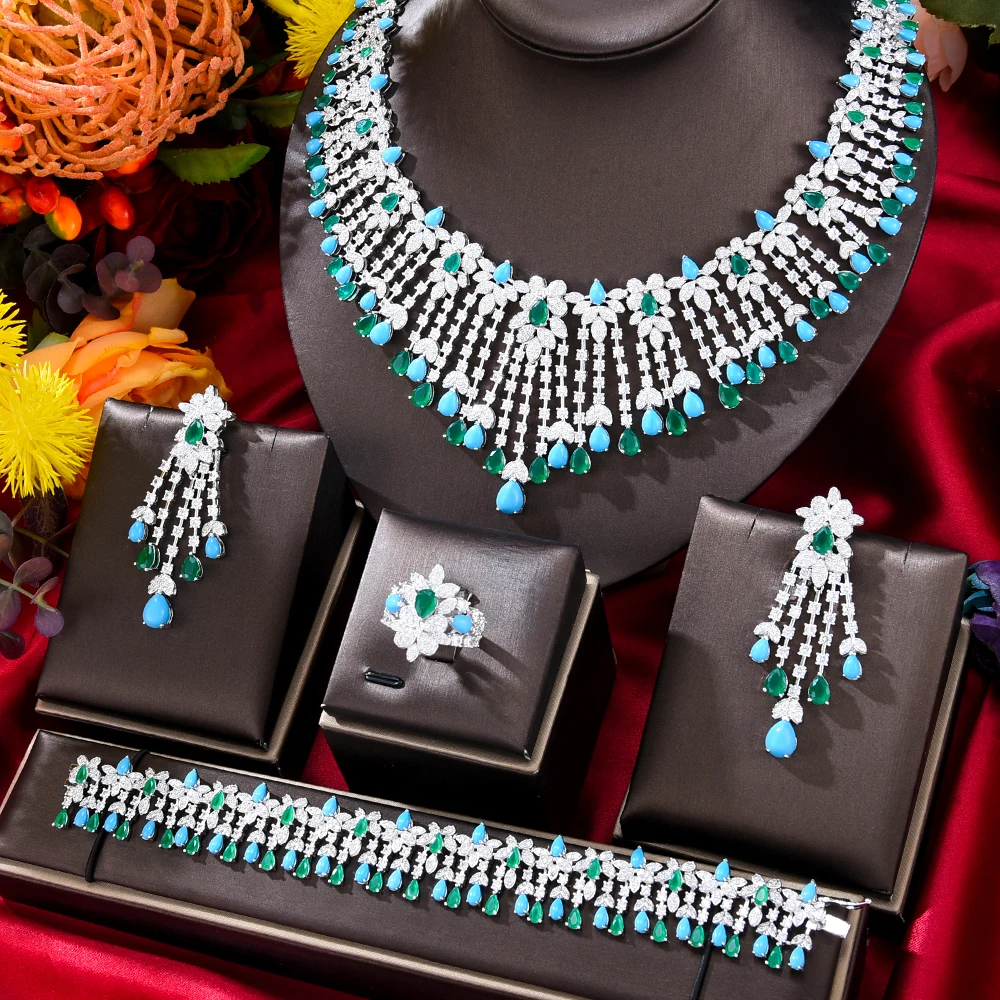 Missvikki Luxury Necklace Bangle Earrings Ring 4 PCS for Noble Women African Dubai  Bridal Jewelry Sets Wedding Noble Set