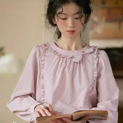 Ladies Spring Summer Simplicity Elegant Drawstring Solid Color O-neck Pullover Cotton Korean Fashion Button Shirts Long Sleeve