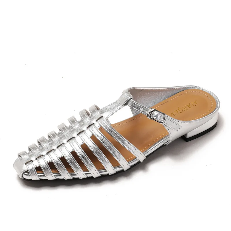 

2026 Summer New Women's Roman Gladiator Sandals PU Leather Woven Slip on Slippers Low Heel Sandalias De Mujer Size 35 43 Zapatos