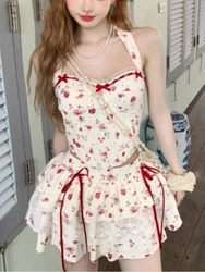 Korean Fashion Slim Sexy 2 Piece Dress Set Women Summer New Y2k Floral Vintage Suit Female Lace Preppy Style Elegant Set 2024