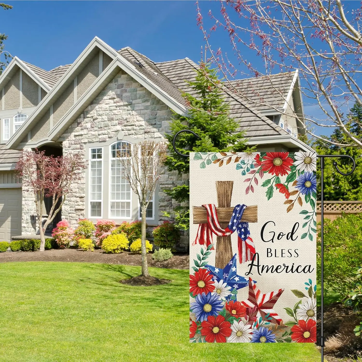 4th of July Garden Flag 12x18 Double Sided Vertical, Small Burlap Cross God Bless America Patriotic Flags Memorial Independence