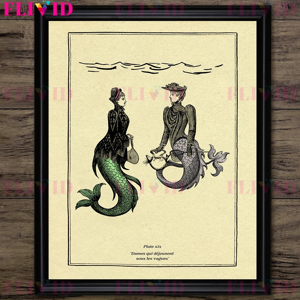 Cthulhu Gothic Vintage Surreal Print Funny Mermaid And Octopus Wall Art Canvas Print Steampunk Tentacles Art Poster Print Decor