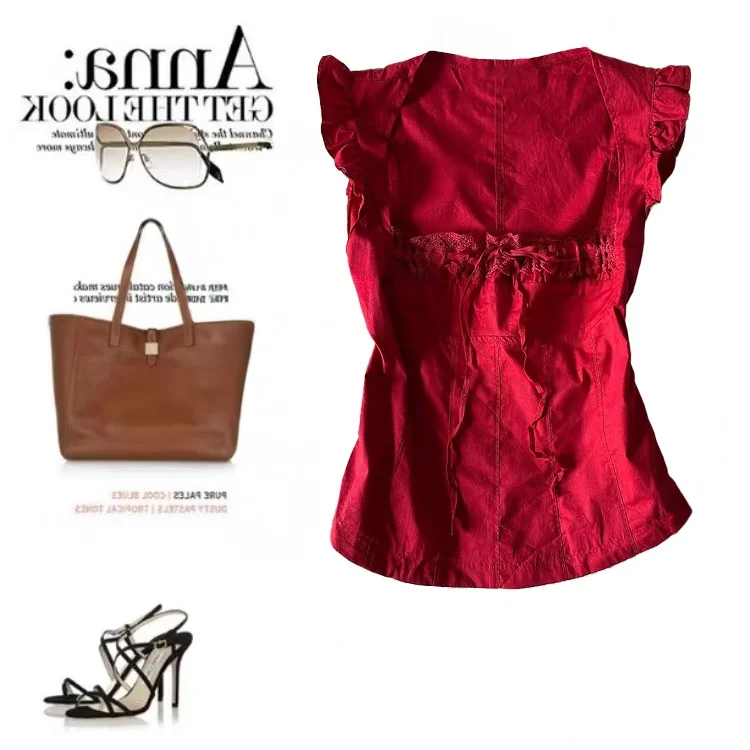 Ele Vintage Red irt Donna Estate Bella Fly Sve Top Quali Miscela di cotone ort Sve Faionable Fem Indumento