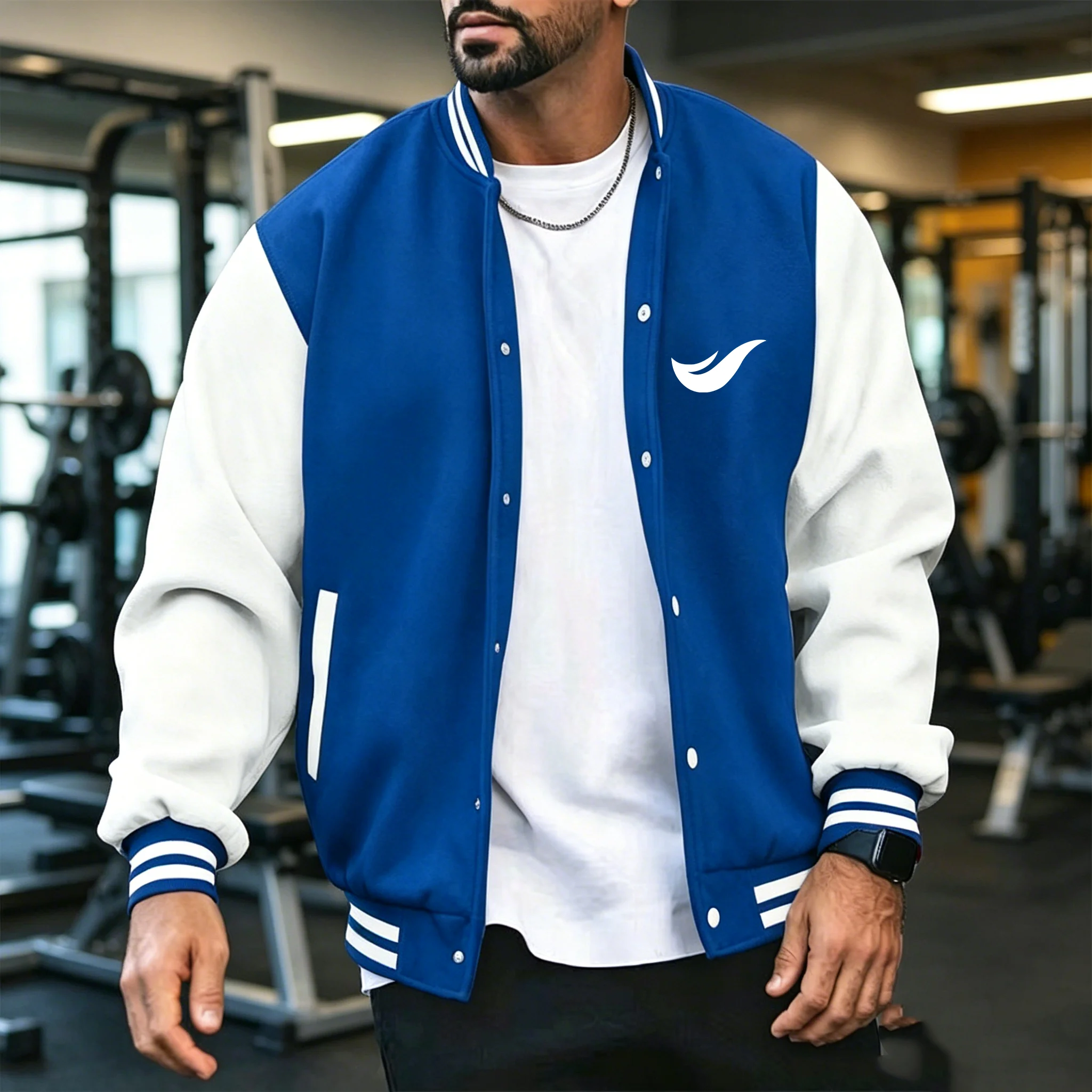 Men Fitness Varsity Jacket For Spring Autumn Winter, Contrast Spliced Ribbed Cuff Wing Logo Print Button Loose Sports Coat S-3XL
