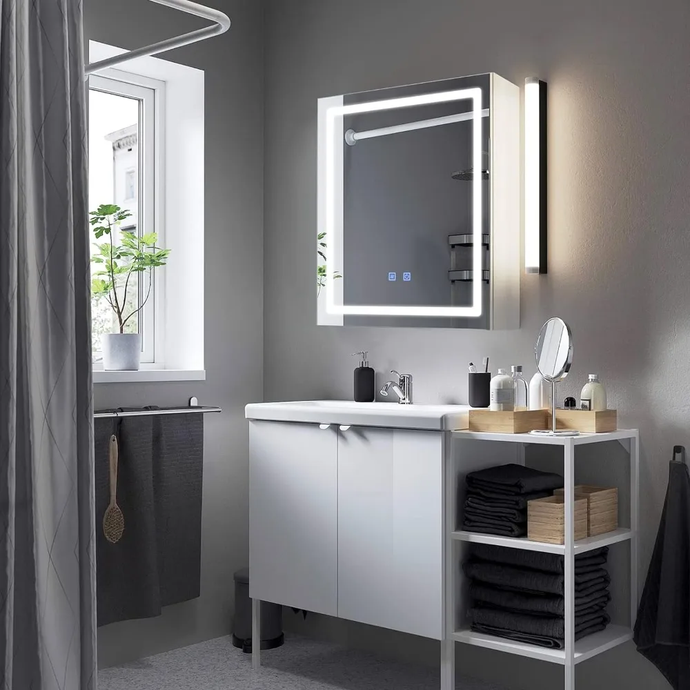 HOMedicine Cabinet avec lumières LED et miroir, armoire à miroir murale avec étagère réglable, dél'offre bueur