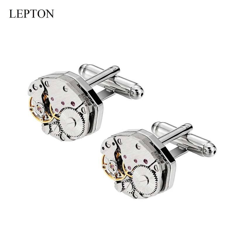 

LEPTON Non-Functional Watch Movement Cufflinks For Men Stainless Steel Steampunk Gear Watch Mechanism Cufflink Relojes Gemelos