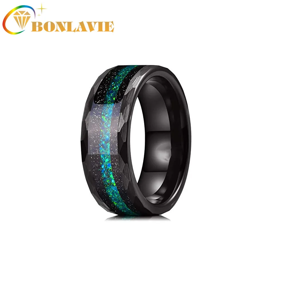 BONLAVIER 8mm Tungsten Carbide Ring Multi-Faceted Edge with Black Sand and Green-Blue Opal Inlay Mens Wedding Bands Rings