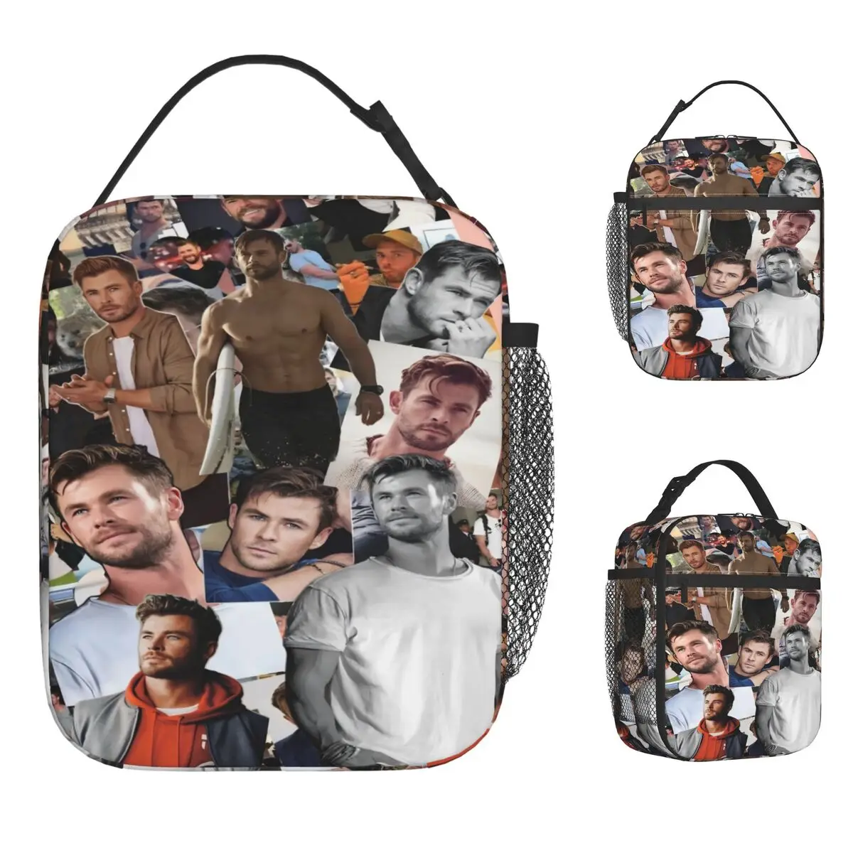 Sebastian Stan And Chris Hemsworth Photo Collage Lunch Bag Portable Zipper Lunch Box Men Cooler Bag Casual Thermal Tote Handbags