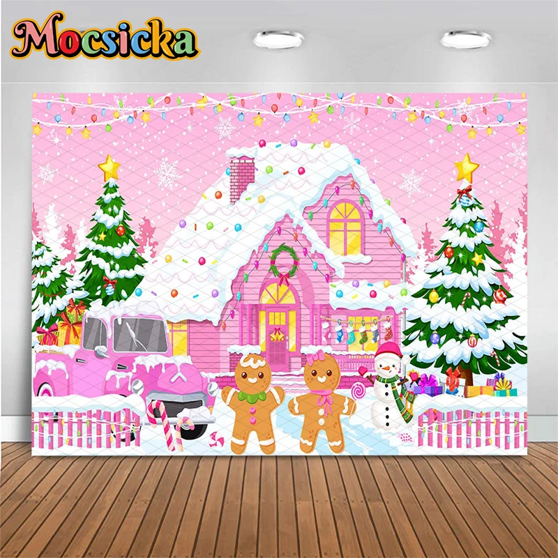 

Mocsicka Pink Christmas Photography Backdrop Cute Gingerbread Man Snowman House Winter Snow Photo Backgrounds Cloth Kids Party