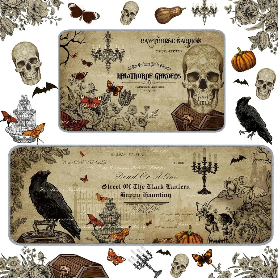 

2 Pcs Halloween Rugs Witch Skeleton Pumpkin Rug Happy Halloween Kitchen Bathroom Rugs Gothic Rug Floor Mat for Halloween Home B